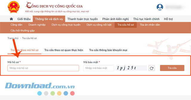 Nhập mã số hồ sơ và mã bảo mật