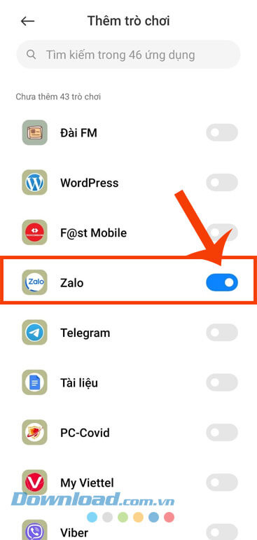 Gạt và bật công tắc mục Zalo