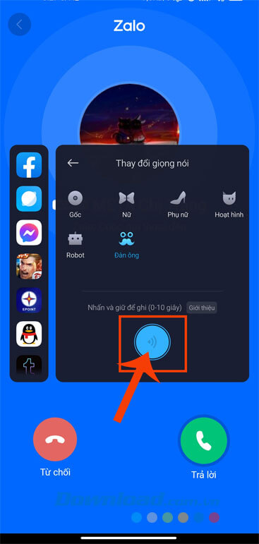 Nhấn và giữ vào hình tròn màu xanh