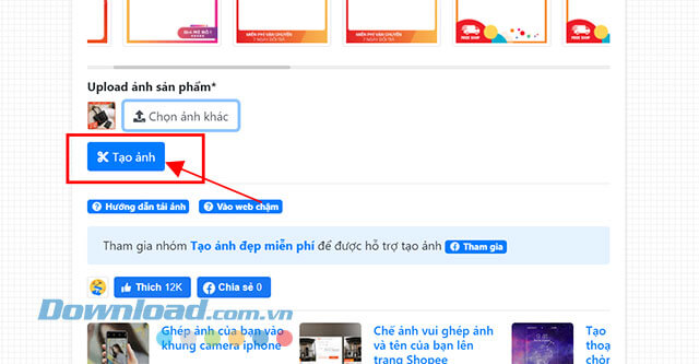 Click chuột vào nút Tạo ảnh