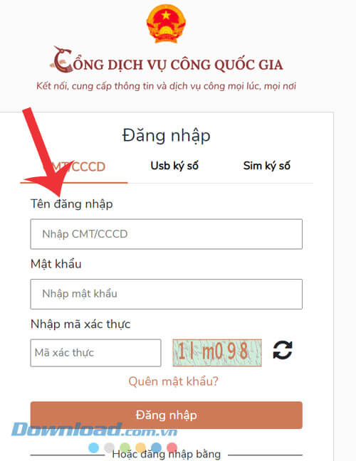 Đăng nhập tài khỏa Cổng Dịch vụ công Quốc gia