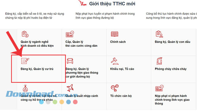 Click chuột vào mục Đăng ký, quản lý cư trú