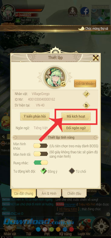 Chạm vào mục Mã kích hoạt