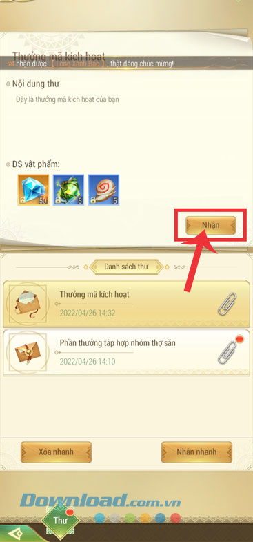 Ấn vào nút Nhận