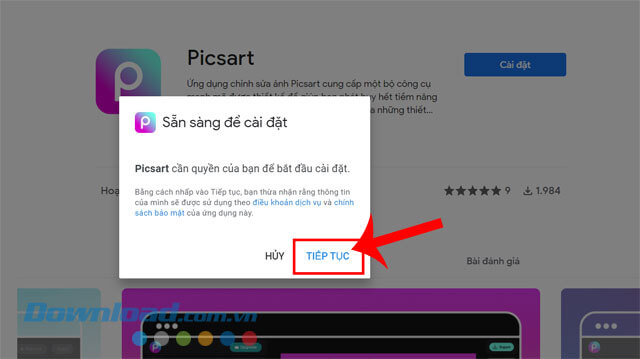 Nhấn vào nút Tiếp tục