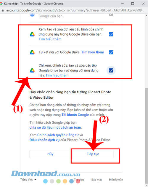Đánh dấu tick vào các ô tùy chọn