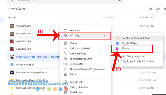 Nhấn vào mục Mở bằng  > Chọn mục Picsart