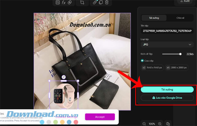Nhấn vào nút Lưu vào Google Drive hoặc nút Tải xuống