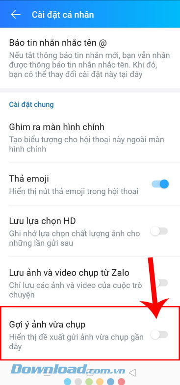 Tắt công tắc Gợi ý ảnh vừa chụp