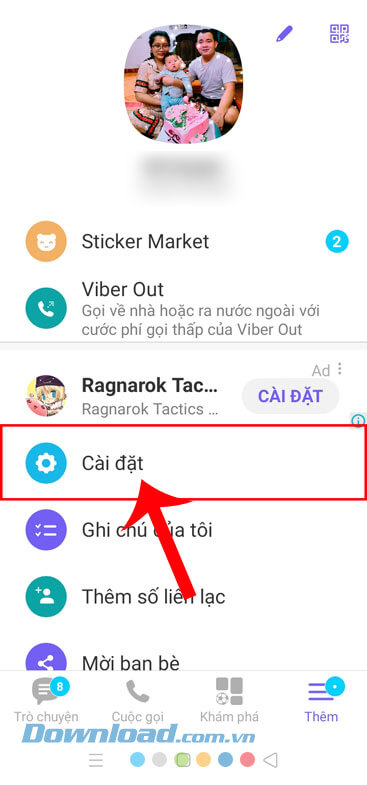 Chạm vào mục Cài đặt