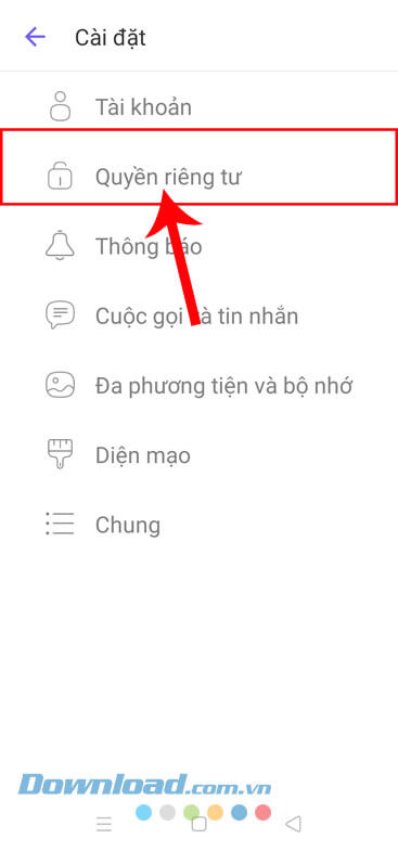 Nhấn vào mục Quyền riêng tư