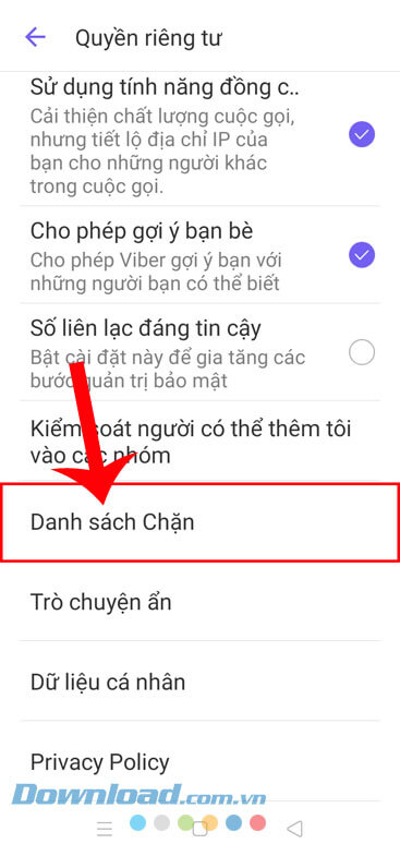 Nhấn vào mục Danh sách chặn