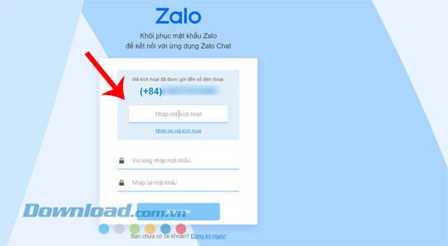 Nhập mã xác thực và mật khẩu mới, rồi nhấp chuột vào nút Xác nhận