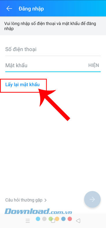 Nhấn vào mục Lấy lại mật khẩu