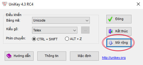 Bật mở rộng tùy chỉnh Unikey