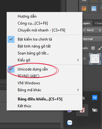 Bật Unicode dựng sẵn