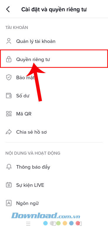 Ấn vào mục Quyền riêng tư