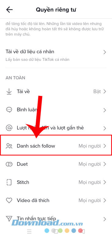 Chạm vào mục Danh sách follow
