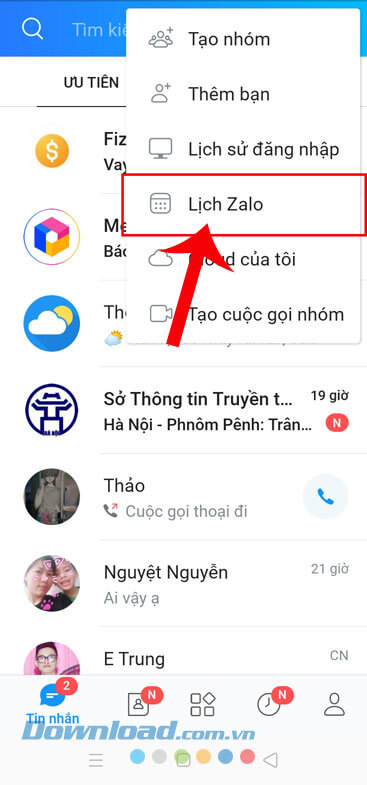 Nhấn vào mục Lịch Zalo