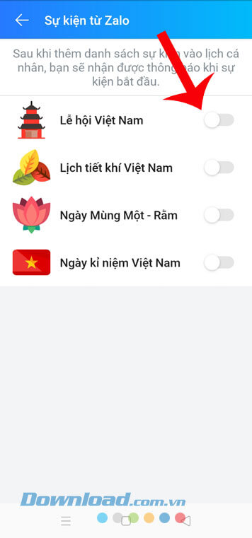 Bật và gạt vào mục sự kiện