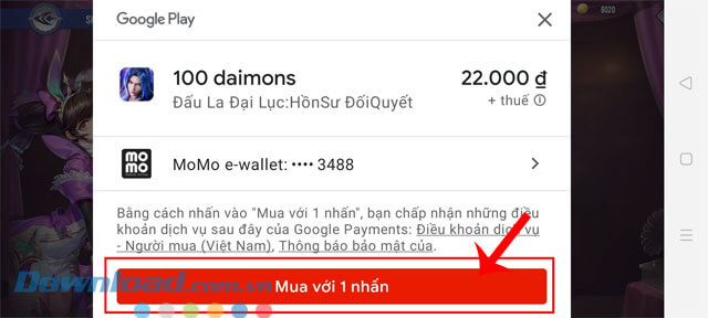 Chạm vào nút Mua với 1 nhấn