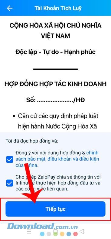 Đọc hợp đồng và ấn nút Tiếp tục