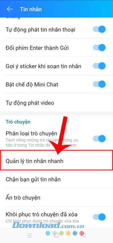 Chạm vào mục Quản lý tin nhắn nhanh