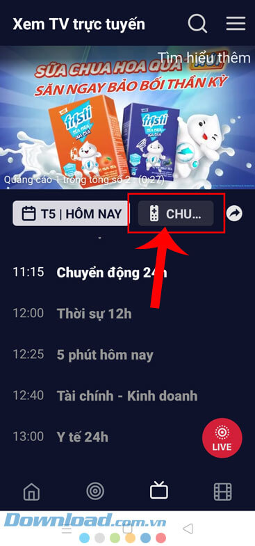 Chạm vào mục Chuyển tiếp