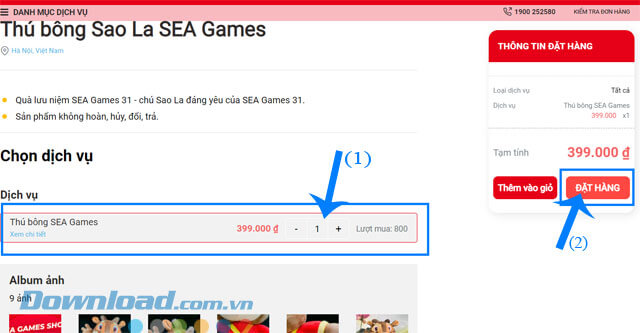 Nhập số lượng và click chuột vào nút Đặt hàng