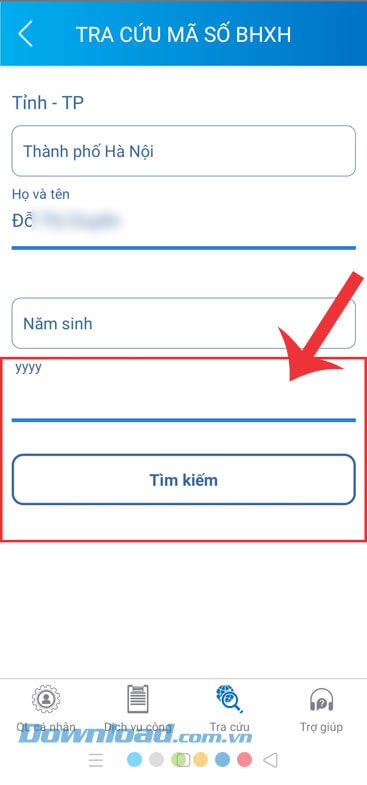 Nhập năm sinh và ấn nút Tìm kiếm