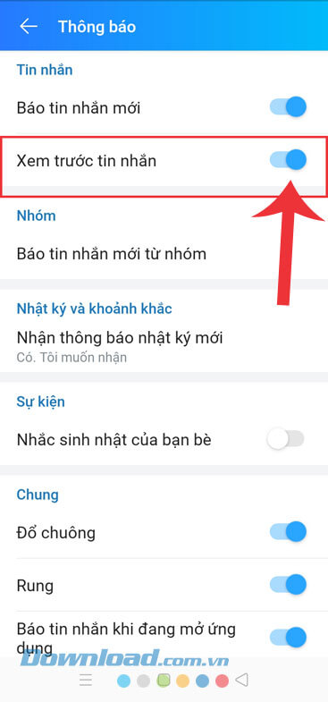 Bật công tắc tại mục Xem trước tin nhắn