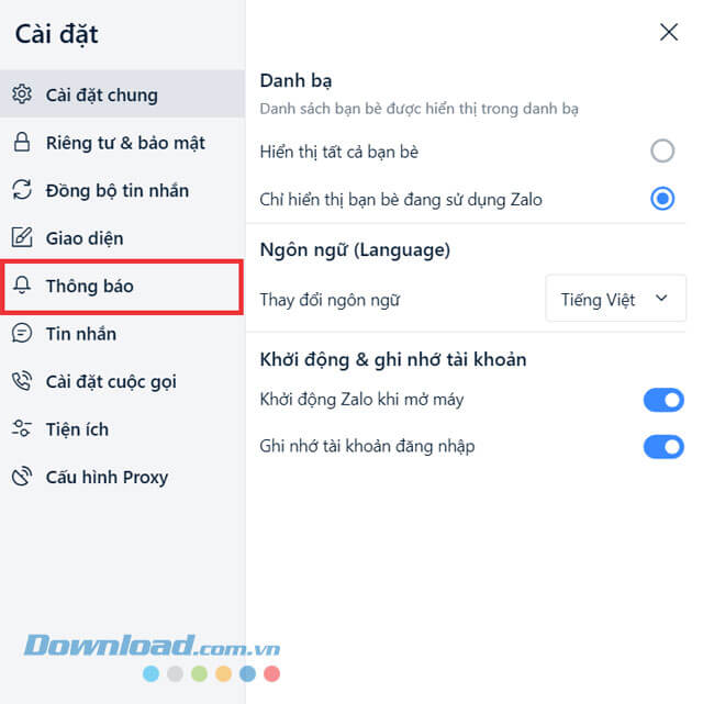 Nhấp chuột vào mục Thông báo
