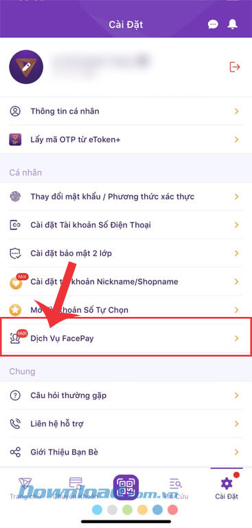 Nhấn vào mục Dịch vụ FacePay