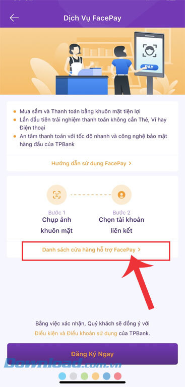 Nhấn vào mục Danh sách hỗ trợ FacePay