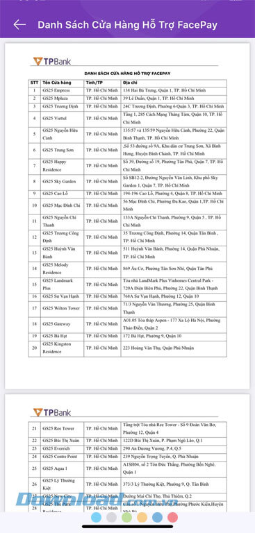 Danh sách cửa hàng hỗ trợ FacePay trên TPBank
