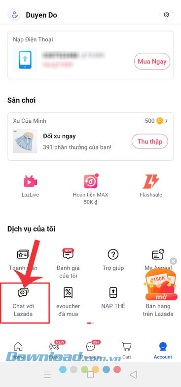 Ấn vào mục Chat với Lazada