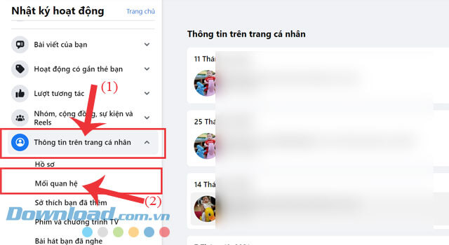 Nhấn vào mục Thông tin cá nhân > Chọn mục Mối quan hệ
