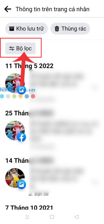 Nhấn vào mục Bộ lọc