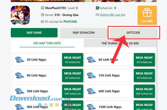 Nhấp chuột vào nút Giftcode