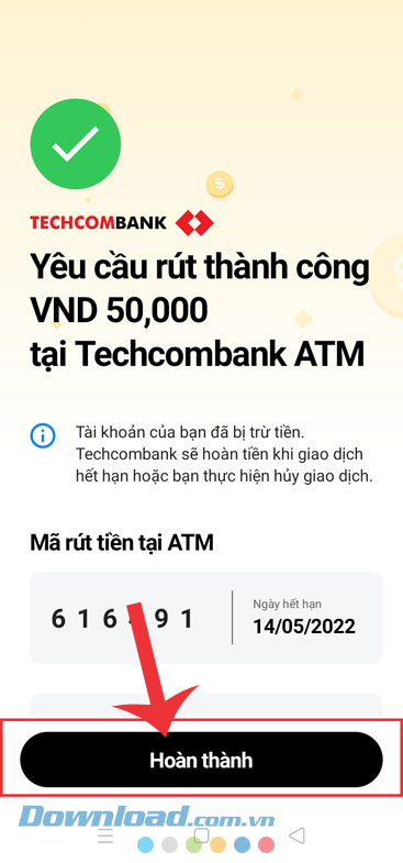 Yêu cầu rút tiền không thẻ thành công