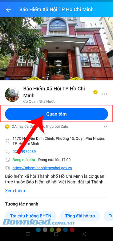 Ấn vào nút Quan tâm