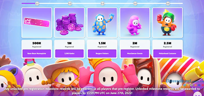 Người chơi có thể nhận được tới 5 phần thưởng tùy thuộc vào số lượt đăng ký trước Fall Guys: Ultimate Knockout