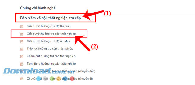 Chọn mục Giải quyết hồ sơ trợ cấp thất nghiệp