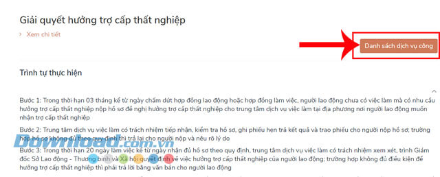 Nhấp chuột vào nút Danh sách dịch vụ công