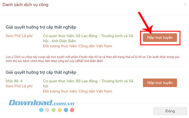 Nhấp chuột vào nút Nộp trực tuyến