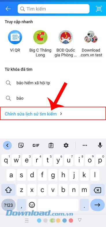 Chạm vào mục Chỉnh sửa lịch sử Tìm kiếm