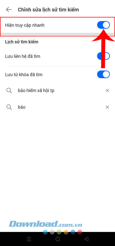 Gạt công tắc Hiện truy cập nhanh