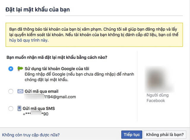 Chọn phương thức lấy lại mật khẩu