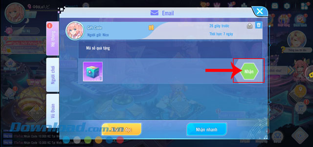 Chạm vào nút Nhận