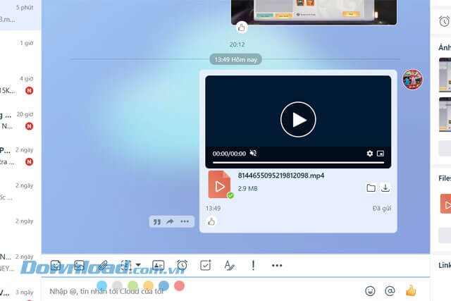 Đã gửi file video qua Zalo